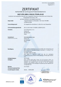 Zertifikat Konformität der werkseigenen Produktionskontrolle